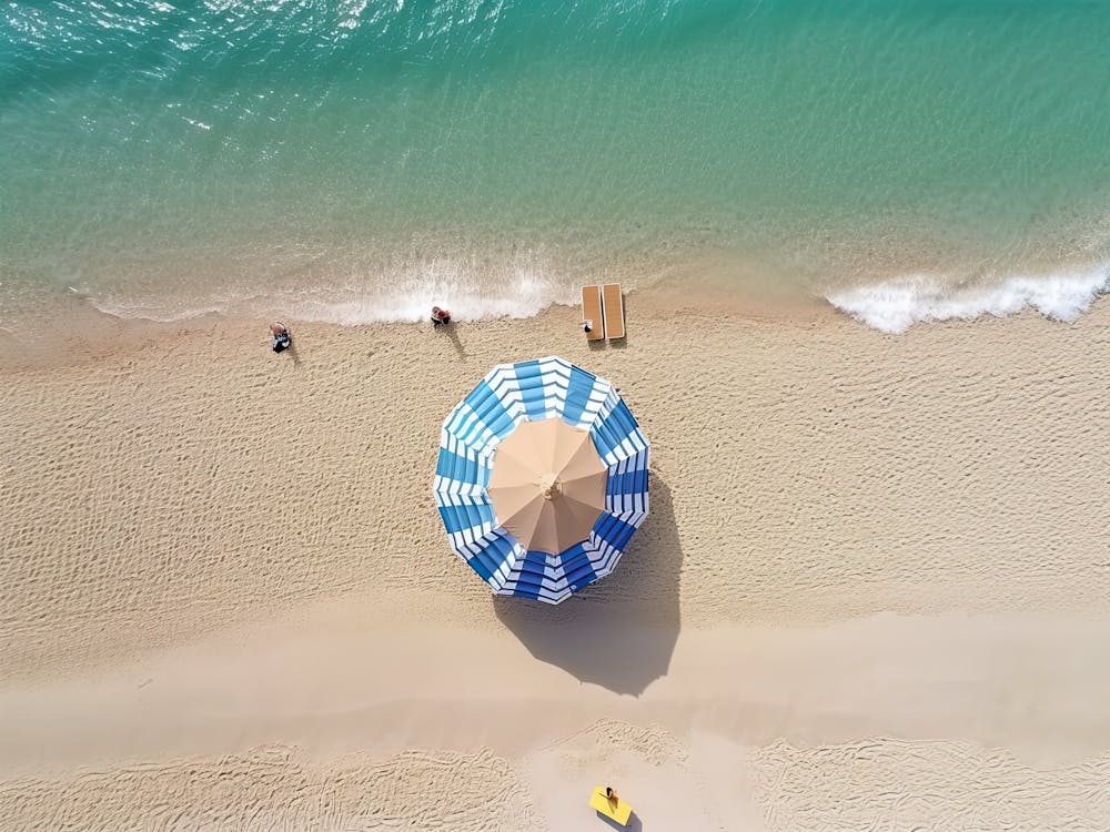 Aerial View Of A Blue And White Beach Umbrella Summer Photography