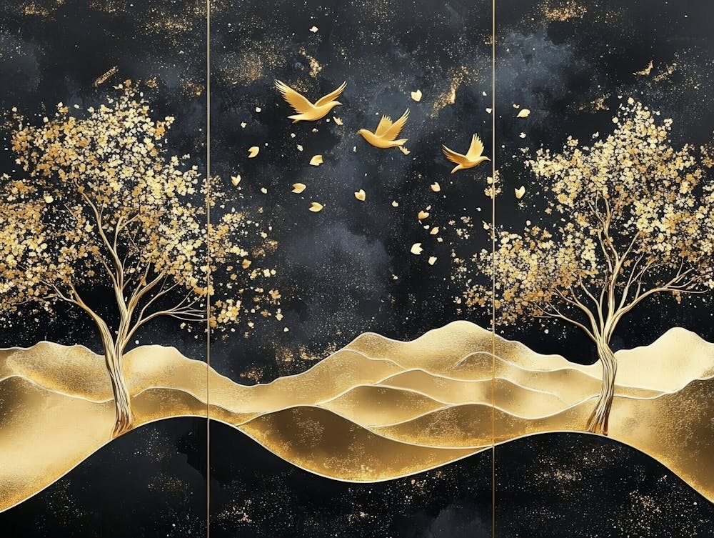 Three Gold Trees Landscape With Golden Birds, Trees and Gold Shapes