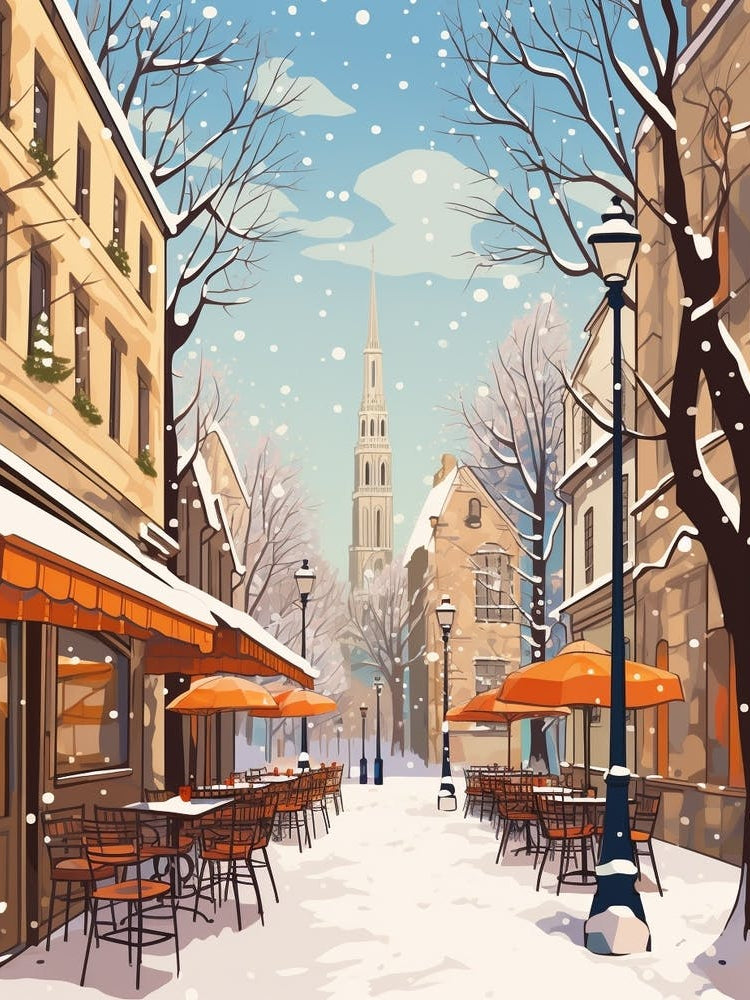 Vintage Winter Travel Illustration Krakow Poland 1
