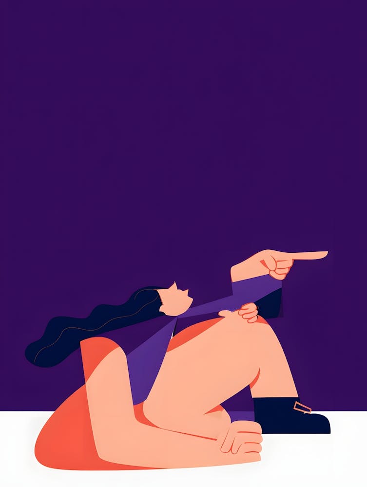 Minimalist Woman Pointing Forward in a Thoughtful Pose