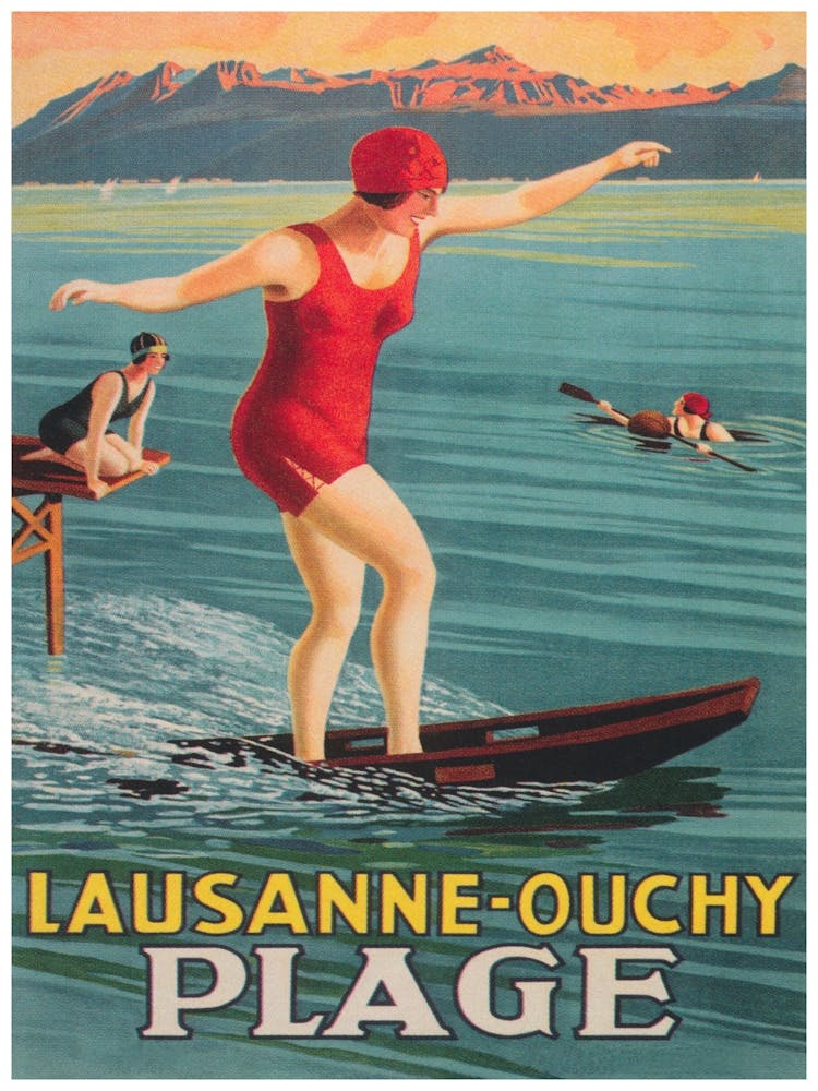 Lausanne-Ouchy Switzerland, Surfer, Paddleboard, Vintage Travel Poster