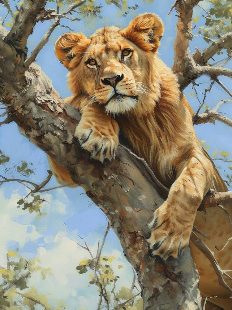 Barbary Lion Climbing A Tree Acrylic Painting 2