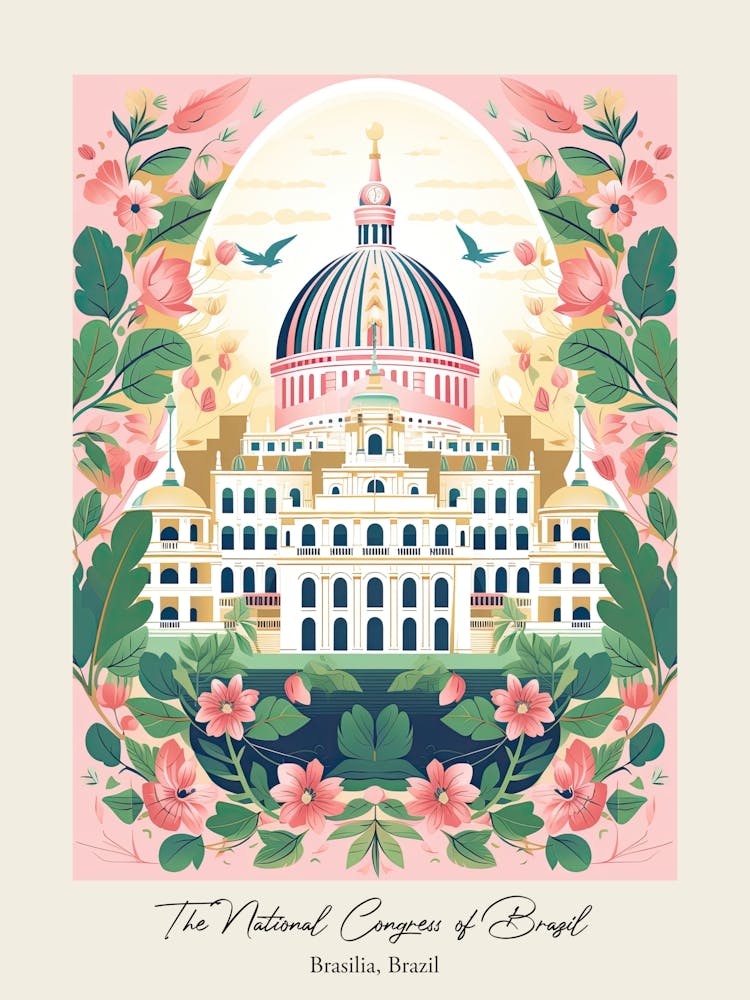 Le Congrès National du Brésil Brasilia, Brésil Jolie Illustration Botanique Voyage 0 Affiche