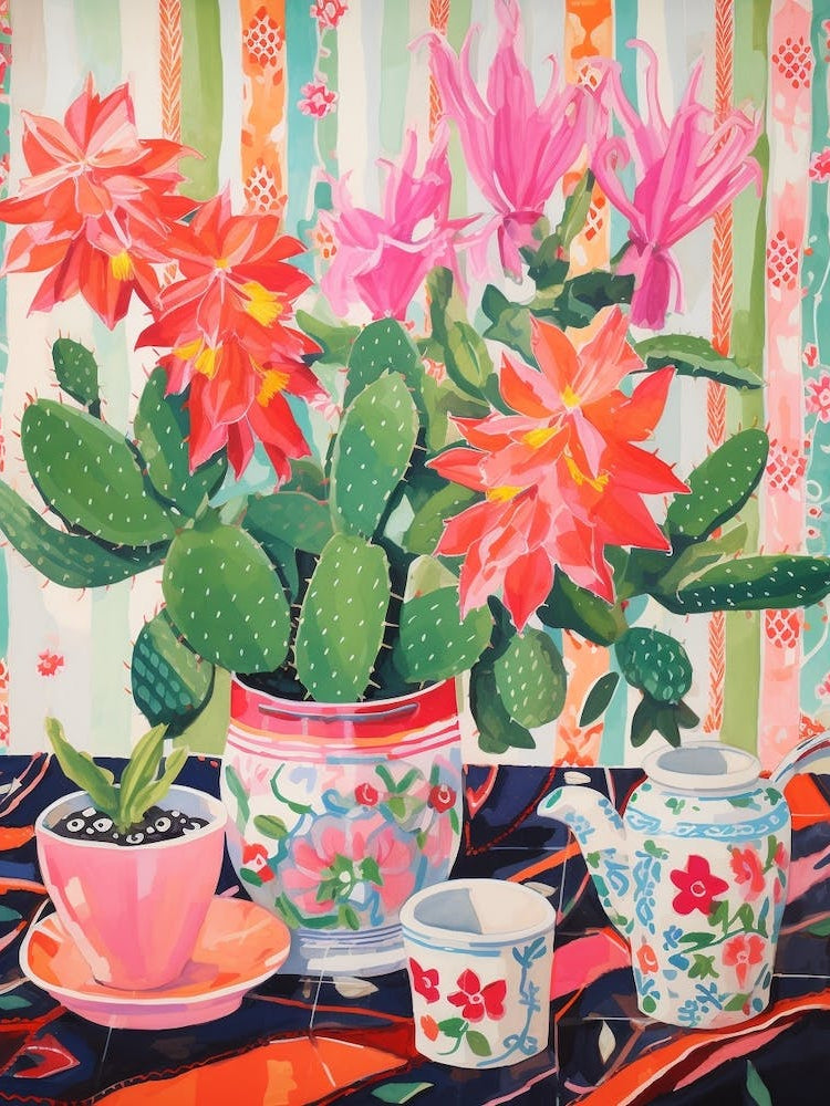 Cactus Painting Maximalist Still Life Christmas Cactus 4