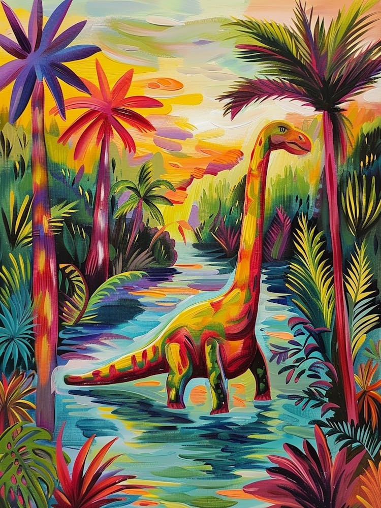 Dinosaur By The River Landscape Painting 1