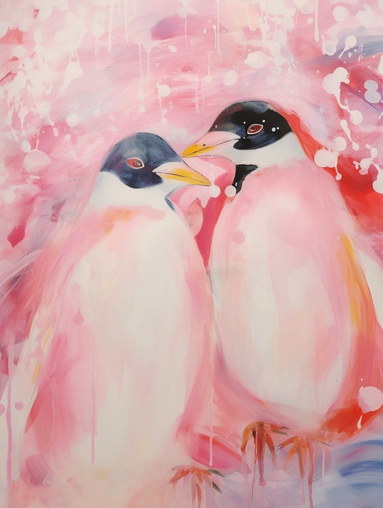 Pink Ethereal Bird Painting Penguins 2
