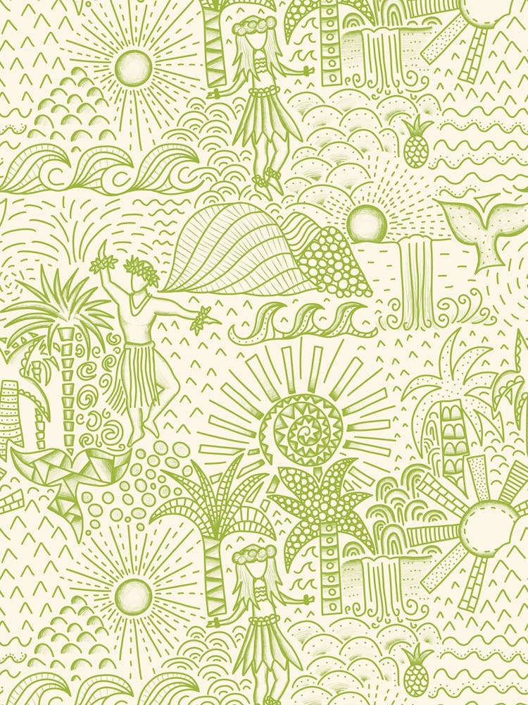 Hawaiian Toile Polynesian Hula Dance Tropical Landscape Lime Green Cream White