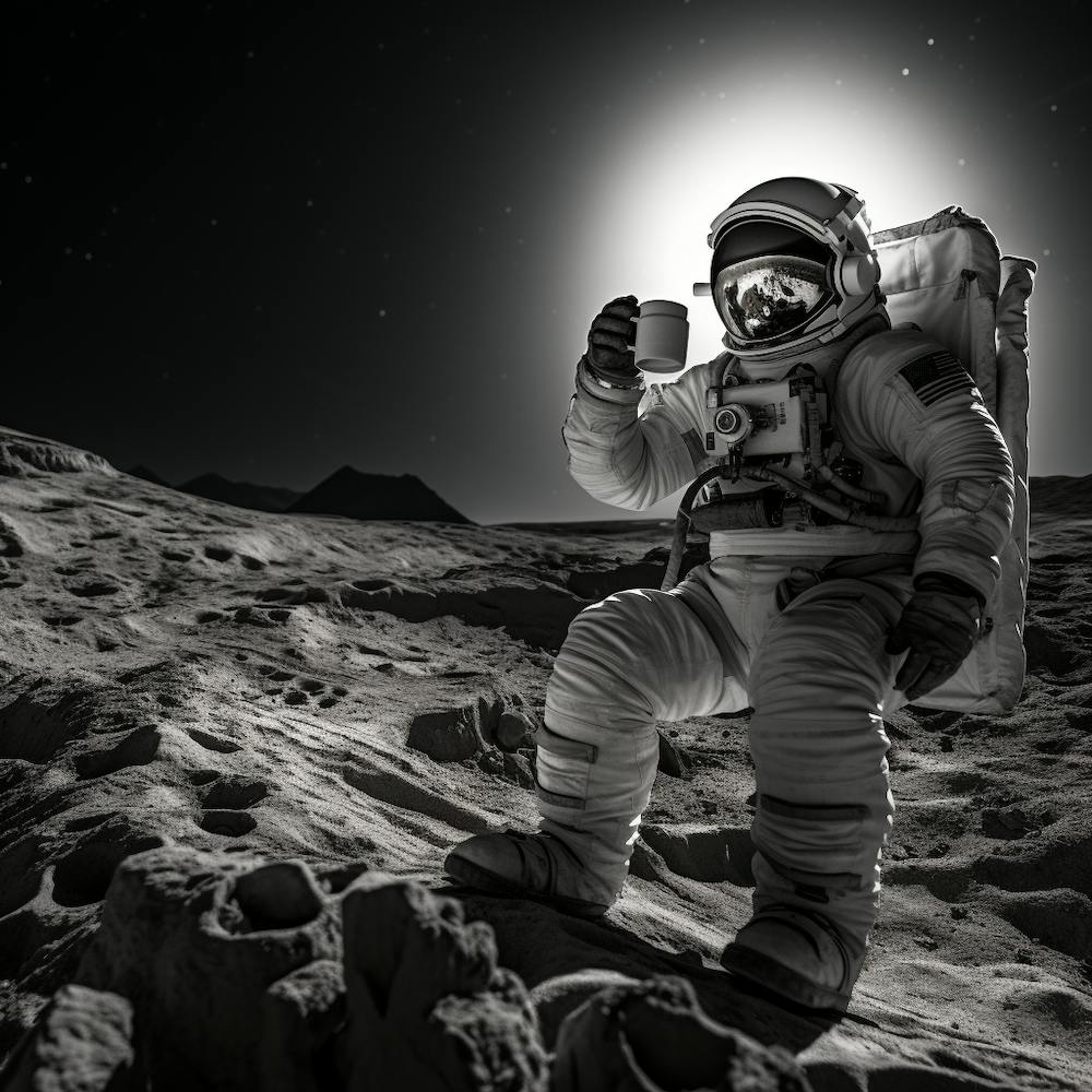 Black And White Photograph Of An Astronaut Drinking Coffee Standing