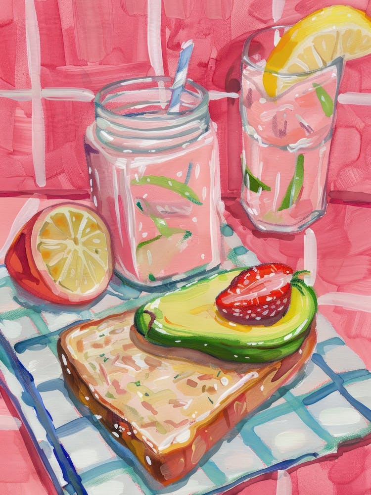 Pink Breakfast Food Avocado Toast And Smoothie 2