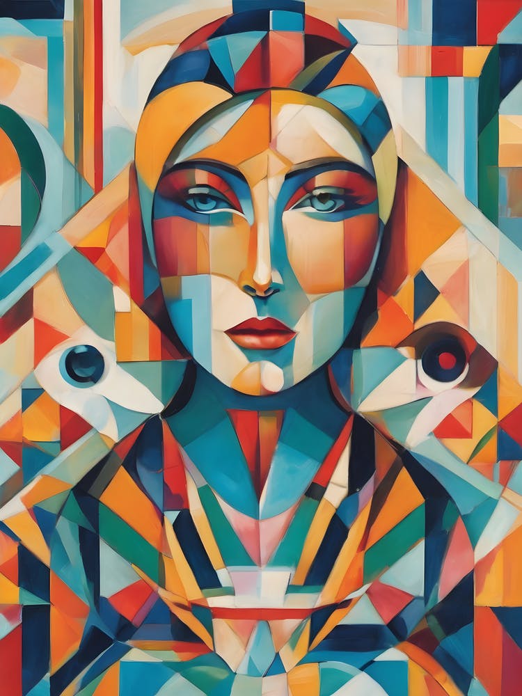 Sip - Abstract Art Deco Geometric Shapes Oil Painting Modernist Inspired Lady Face Eye Bold Gold Green Turquoise Red Face Visionary Fantasy Style Wall Decor Surrealism Trippy Cool Room Art Invoke Psychedelic