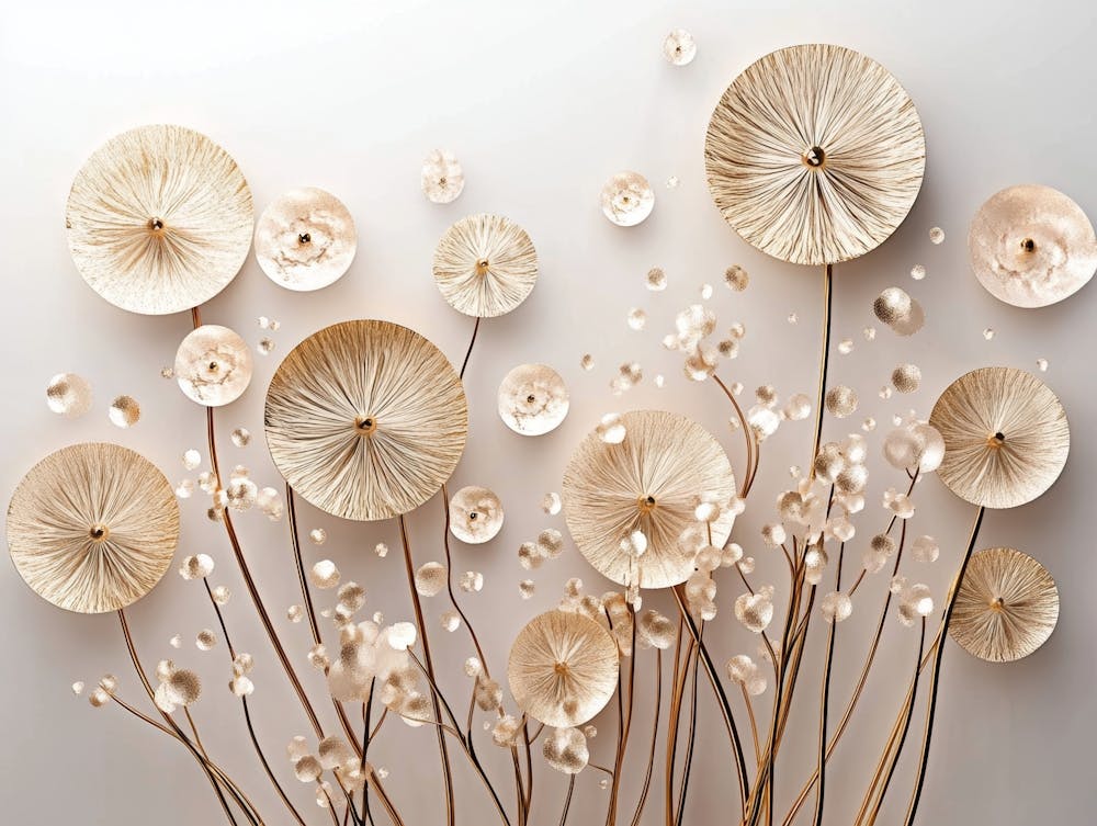 Photo Dandelion Flowers 3d Artwork Illustration Background with Golden Circles