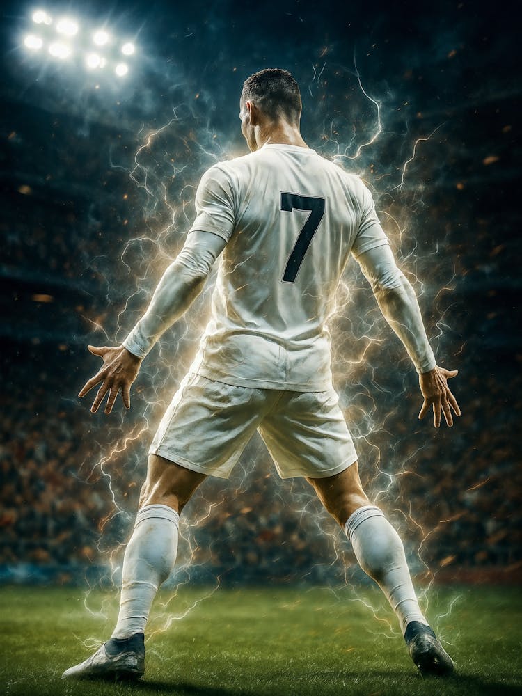 Cristiano Ronaldo Poster – CR7 Goal Celebration Art: Celebrate the energy of CR7 with this iconic Cristiano Ronaldo poster. Capturing a legendary goal moment in the stadium spotlight, this artwork honors the GOAT of football – perfect for fans of soccer, sports heroes, and unstoppable athletic power.