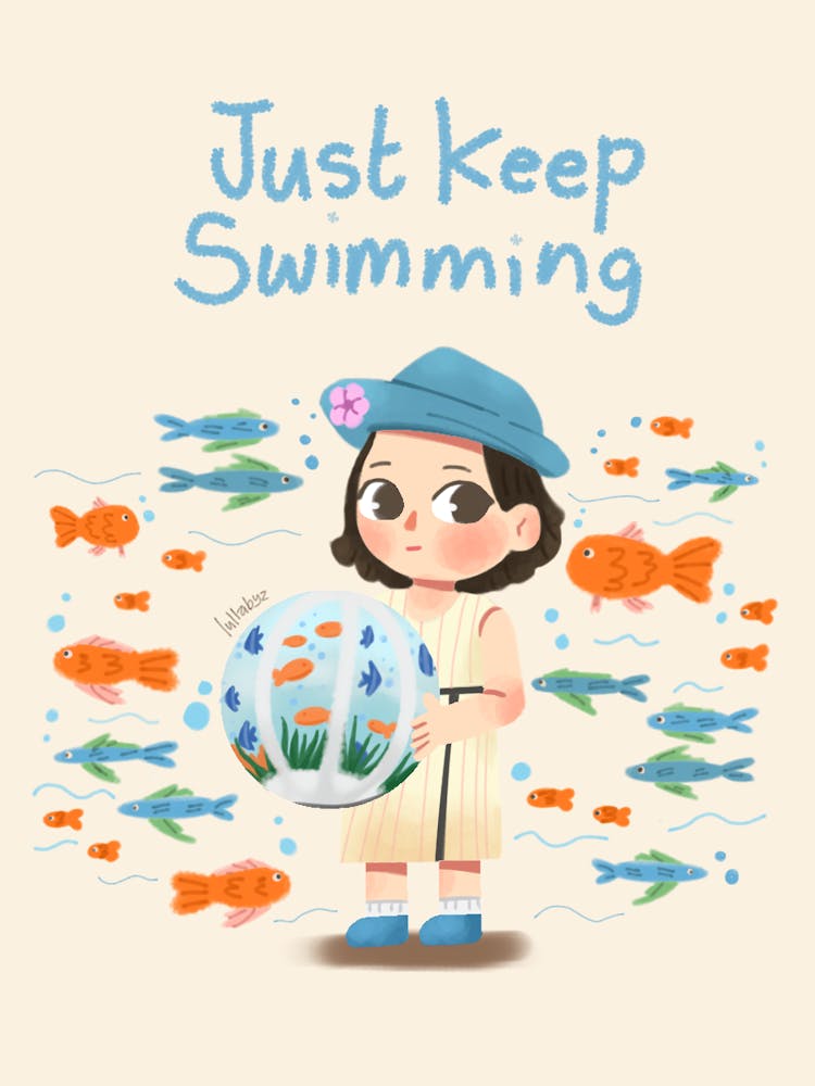 Just Keep Swimming Illustration ein Fisch und ein Mädchen