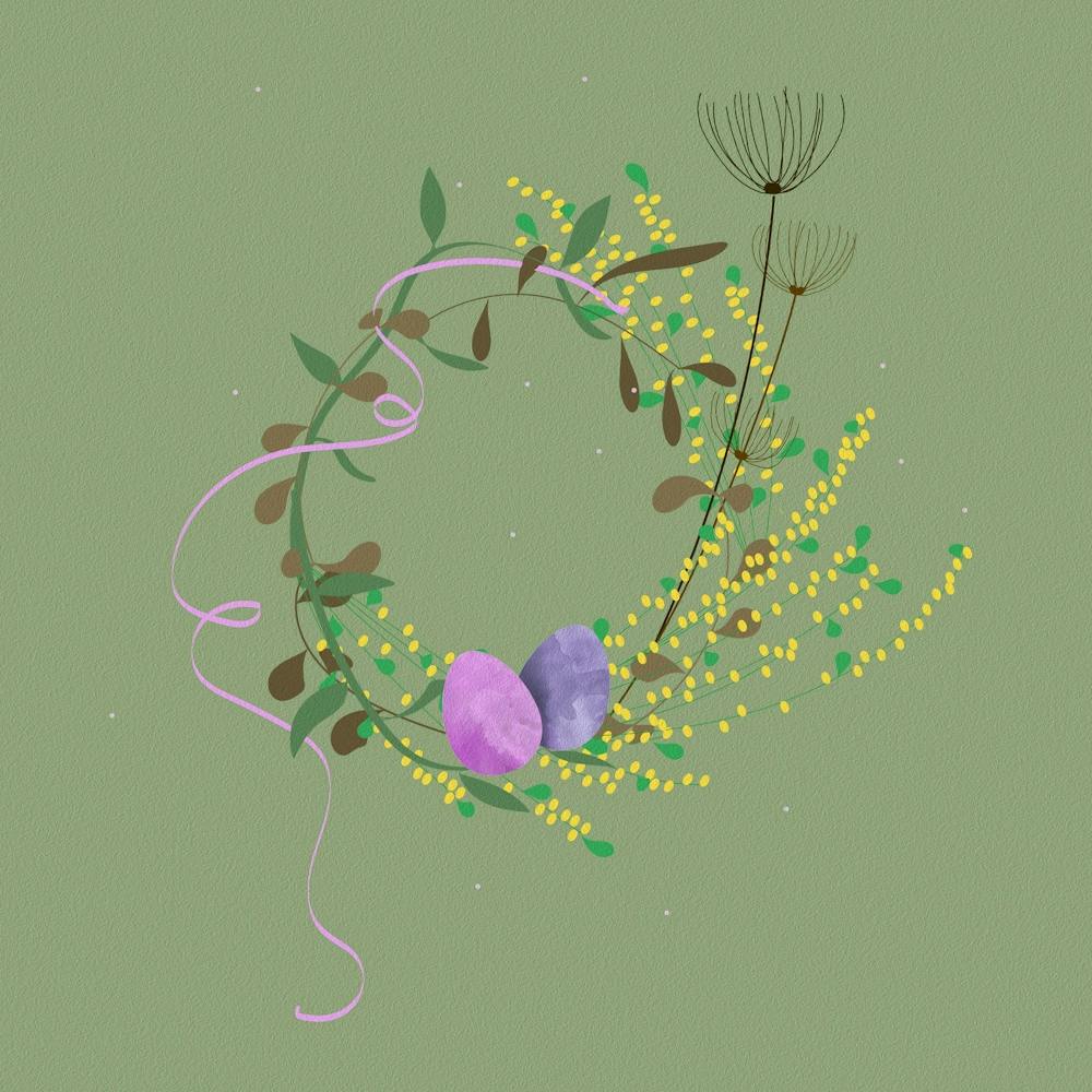 Wreath Flowers Bouquet Easter Eggs Nature Drawing Design Easter Decoration Botanical Spring Eggs Branches Ribbon Branch Background Green