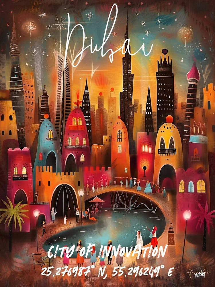Dubai City Of Innovation, folk naive and whimsical poster
