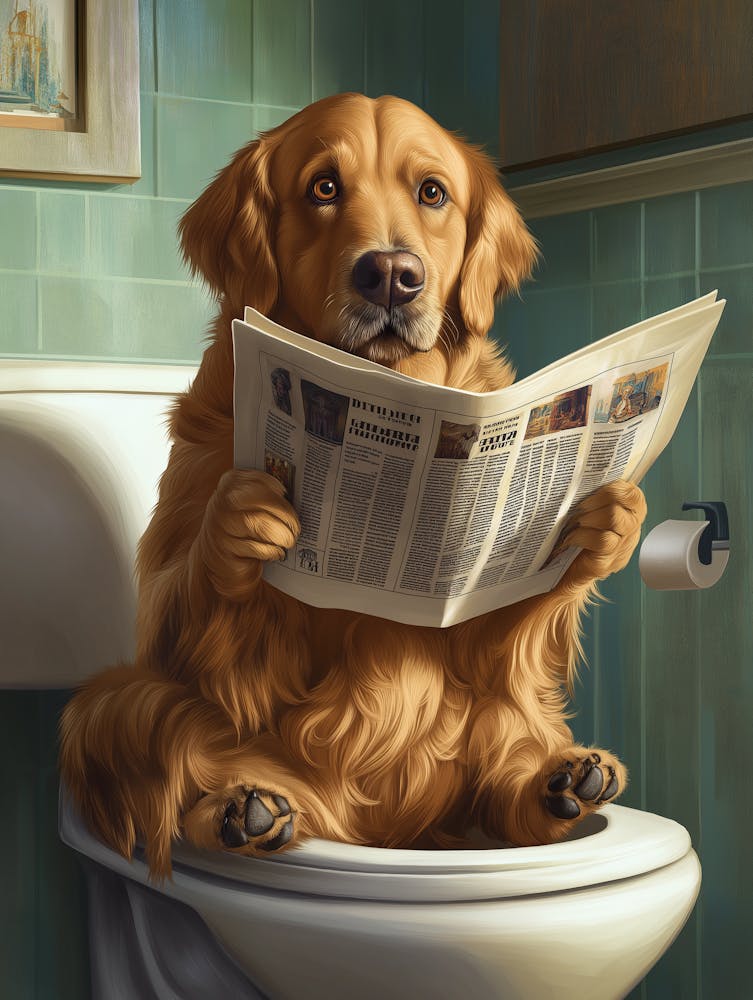 Golden Retriever Dog Sitting On An Open Toilet Reading A Newspaper