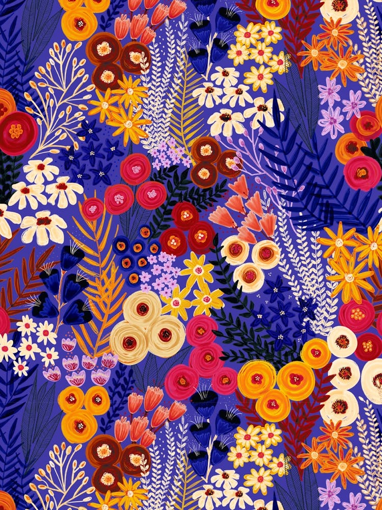 Painterly Wildflower Meadow Dreamscape Multicolor on Indigo Purple