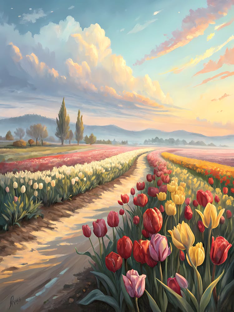 Oil Painting Style Tulip Field Fading