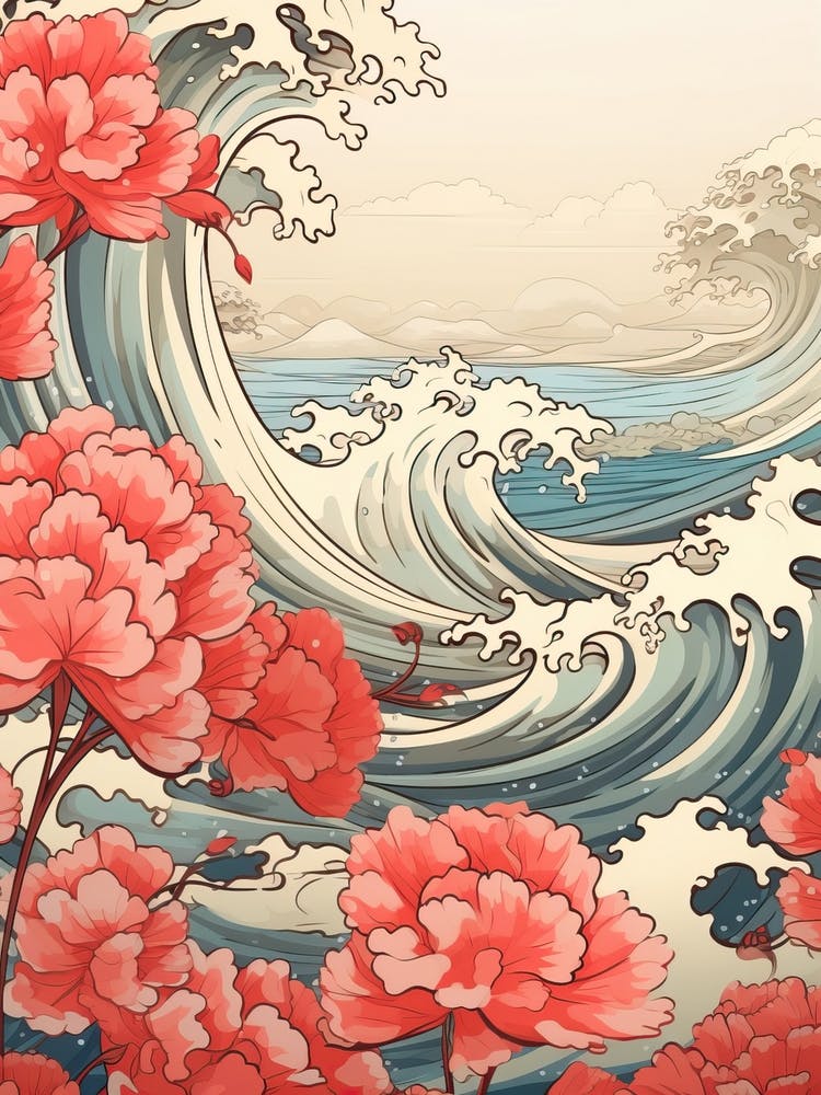 Great Wave With Geranium Flower Drawing In The Style Of Ukiyo E 2