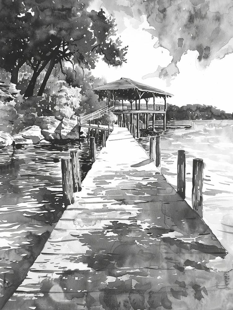 The Oasis On Lake Travis Austin Texas Black And White Watercolour 3