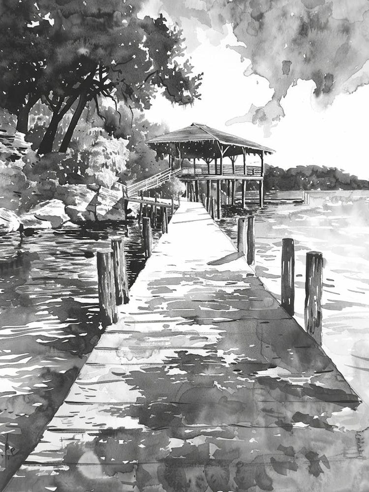 The Oasis On Lake Travis Austin Texas Black And White Watercolour 3