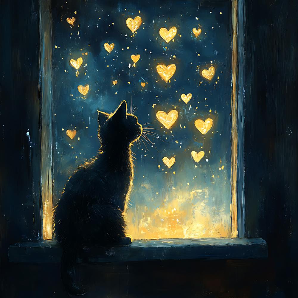 Dreamy Night Sky with Heart Stars Cat 15