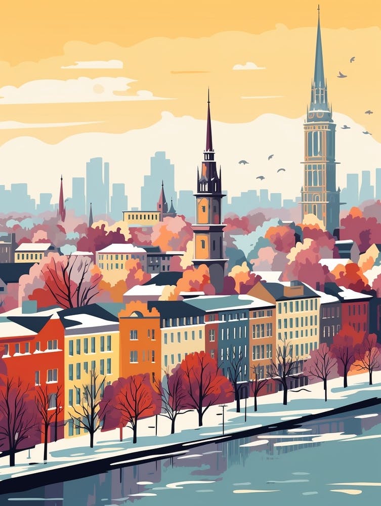 Vintage Winter Travel Illustration Hamburg Germany 1