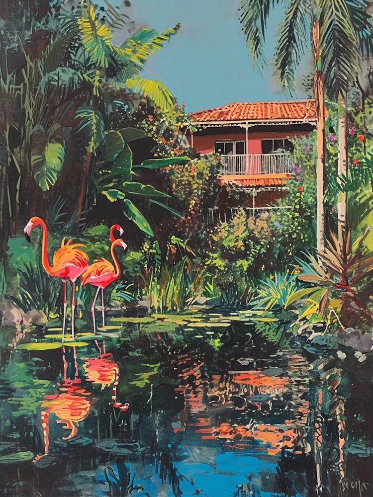 Retro Flamingoes In A Garden 6