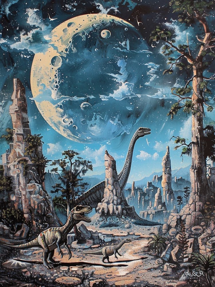 Dinosaur Under The Moon Painting 2