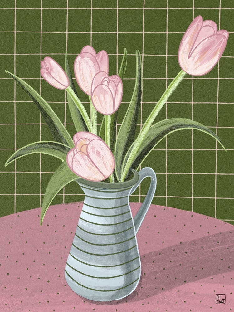 Pink Tulips On Green Checkered Tablecloth