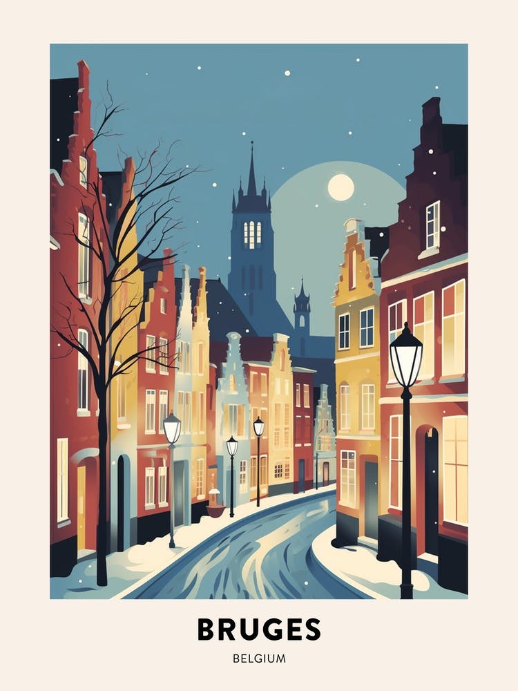 Winter Night  Travel Poster Bruges Belgium 2
