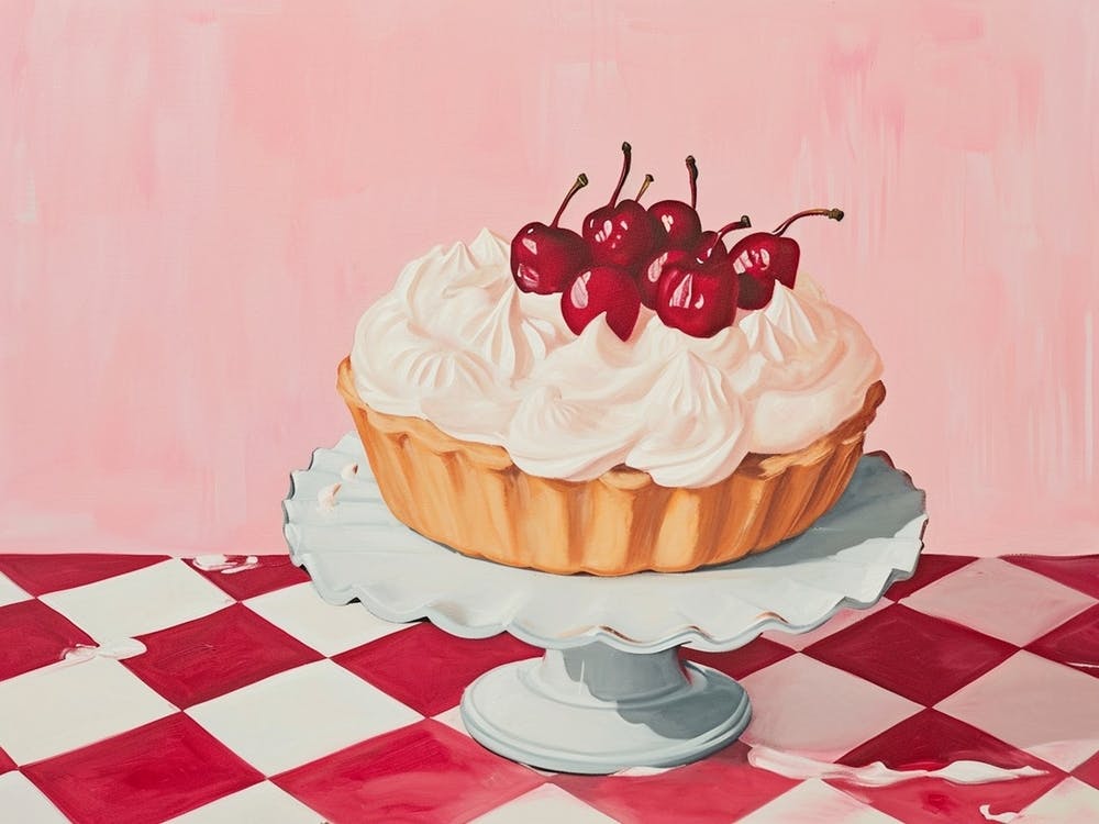 Cream Tart & Cherries With Red Checkerboard