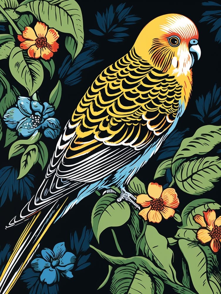 Vintage Bird Linocut Budgerigar 3