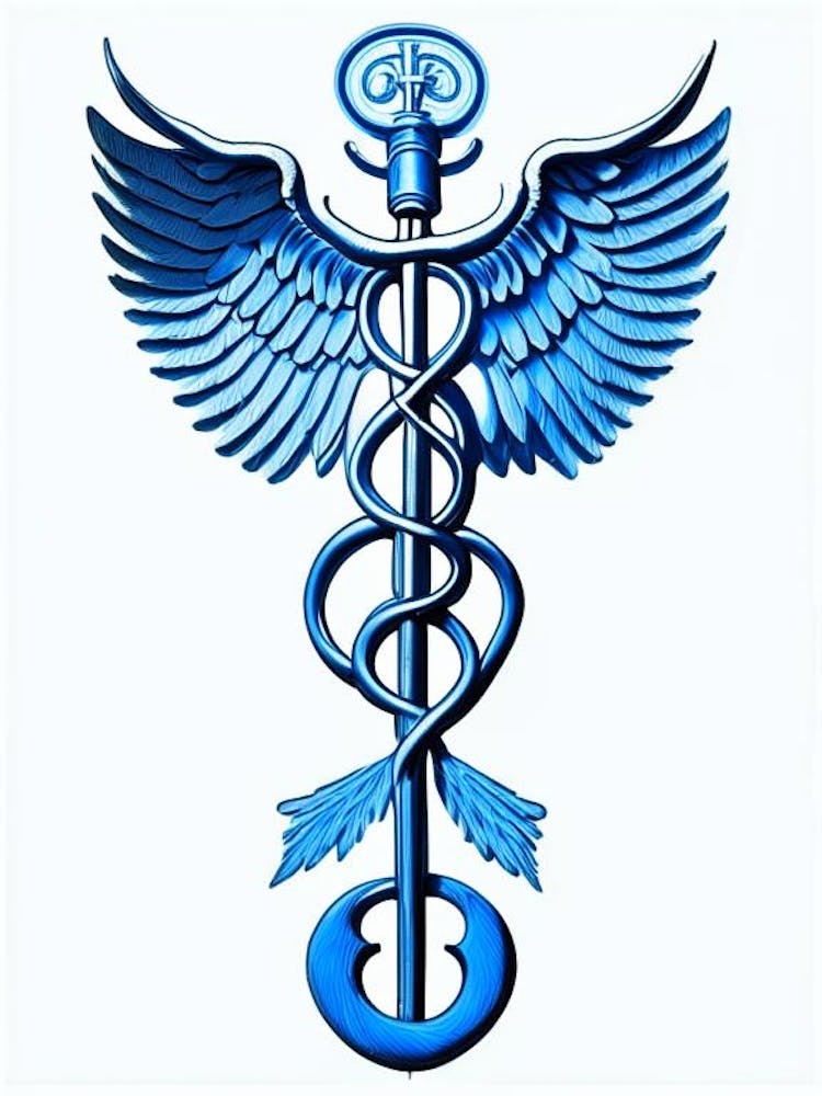 Caduceus Symbol Blue And White Line Drawing