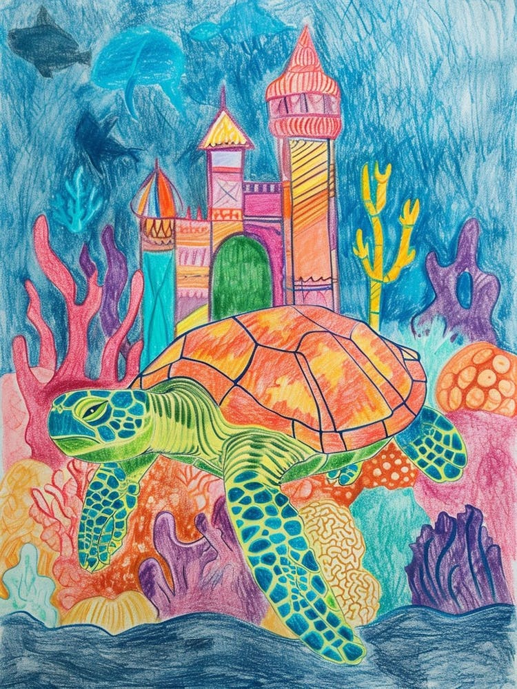 Sea Turtle With An Underwater Castle Pencil Crayon Scribble