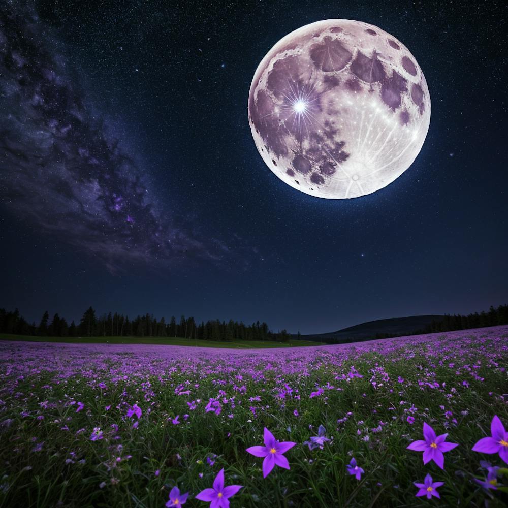 Full Moon Over Purple Flowers Fantasy by Haryako
