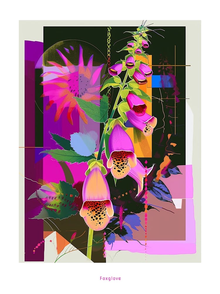 Foxglove 1 Neon Flower Collage Poster