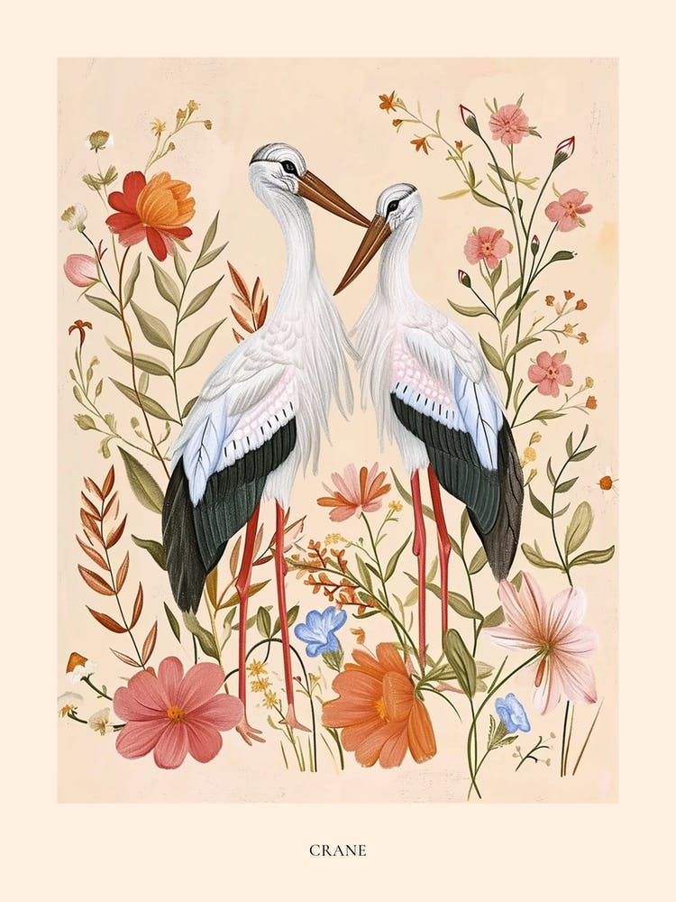 Folksy Floral Animal Drawing Crane 2 Poster