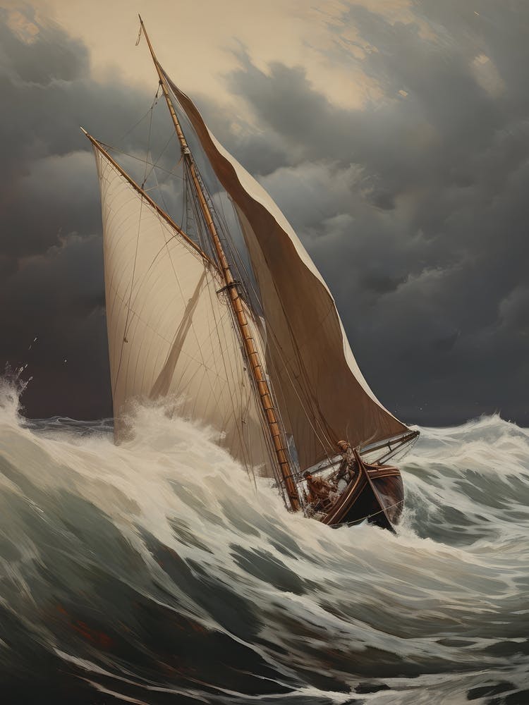 Sailboat On Stormy Sea Painting