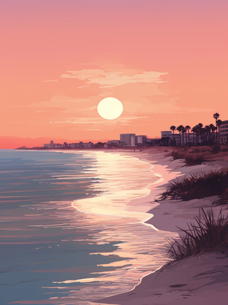 Illustration Of Gulfport Beach Mississippi In Pink Tones 2