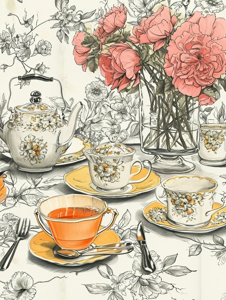 Watercolour Afternoon Tea Line Illustration 3