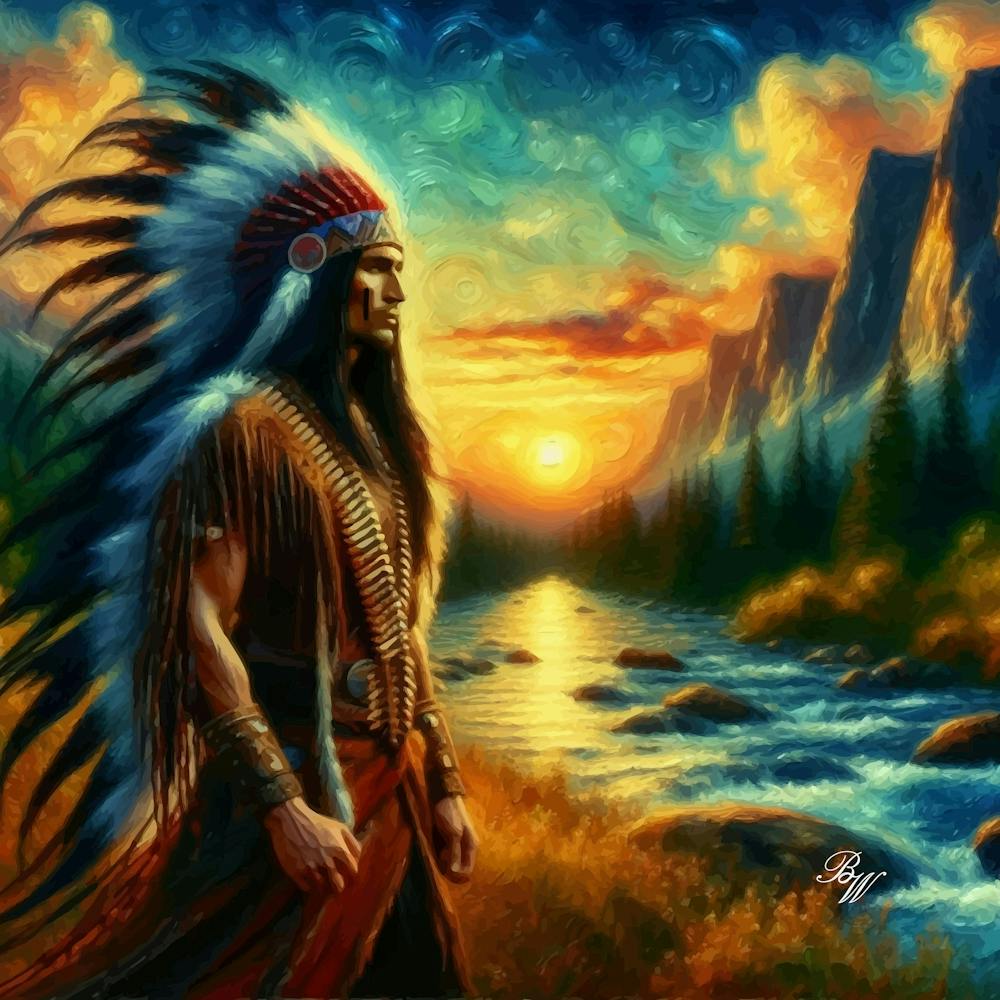 Oil Texture Native American Warrior By Stream 5