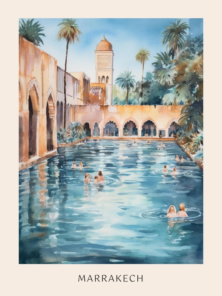 Swimming In Marrakech Morocco Watercolour Poster