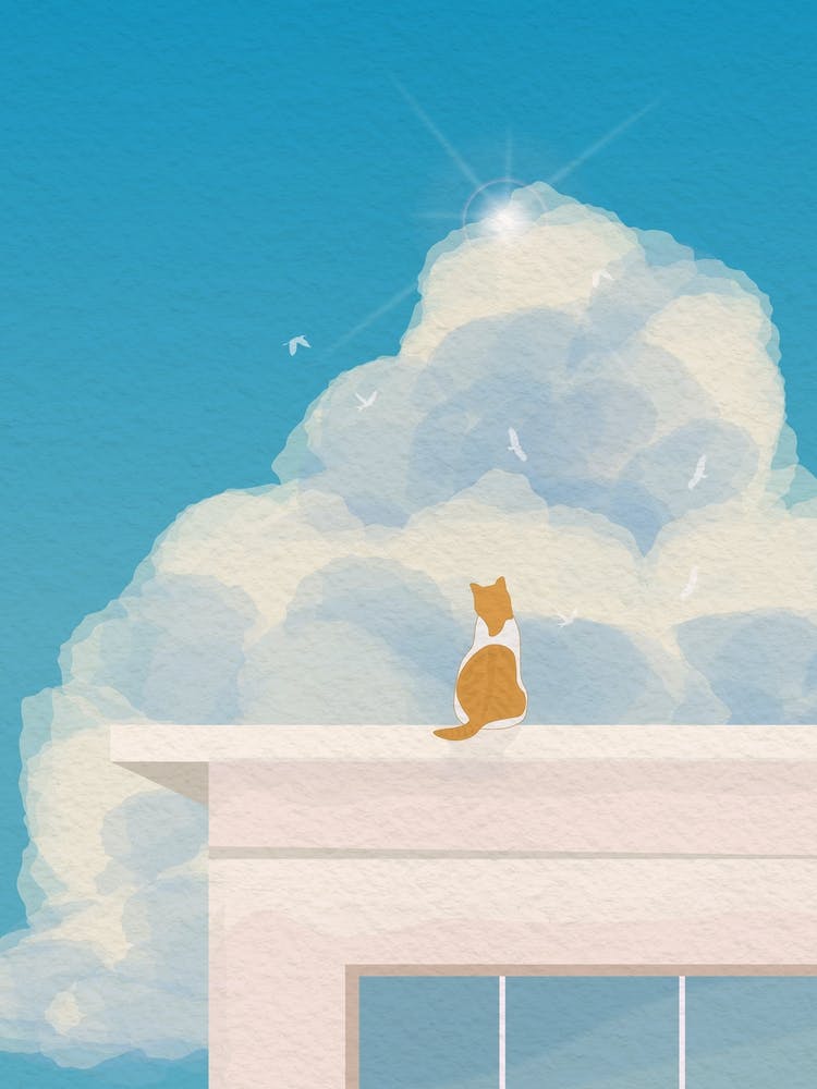 Minimal art Japanese Cat On A Roof