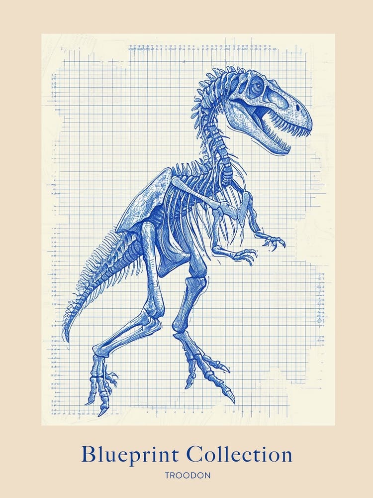Troodon Skeleton Dinosaur Blue Print Poster