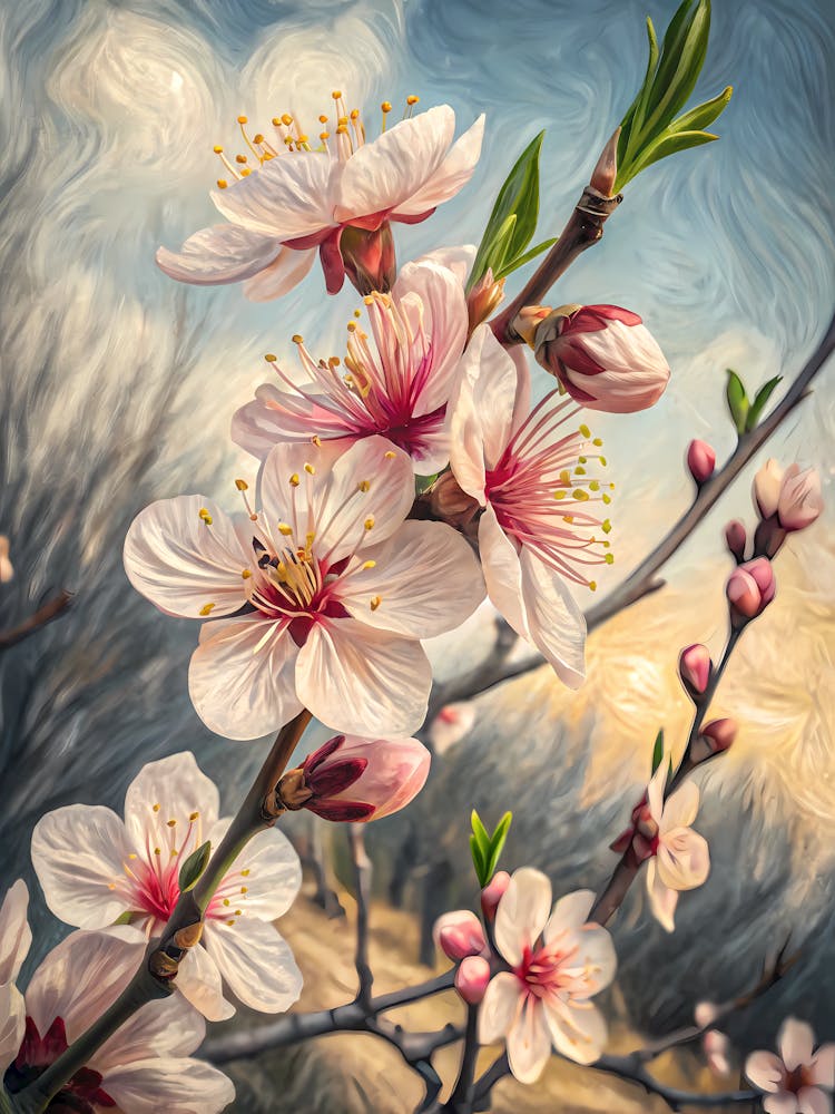 A Close-up of Almond Blossoms Oil Painting Style