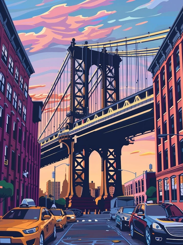 Dumbo Down Under The Manhattan Bridge Overpass Colourful Silkscreen Illustration 4