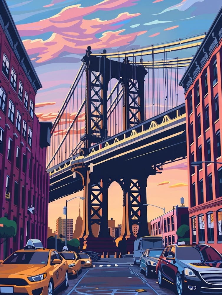 Dumbo Down Under The Manhattan Bridge Overpass Colourful Silkscreen Illustration 4