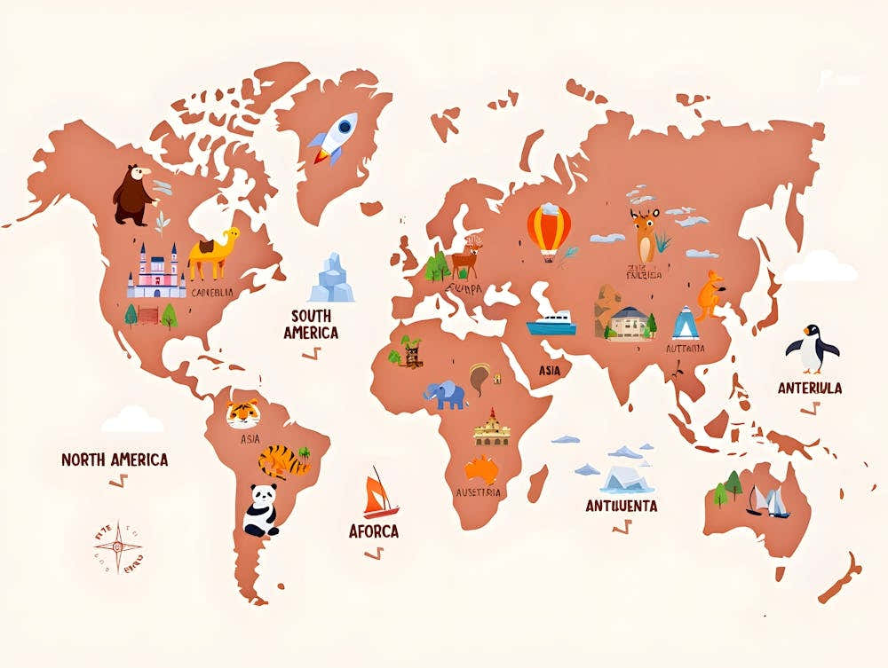 Educational World Map for Kids - Animals and Landmarks