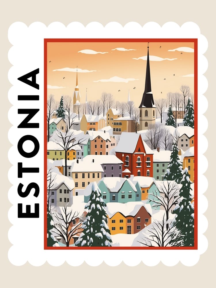 Retro Winter Stamp Poster Tallinn Estonia 2
